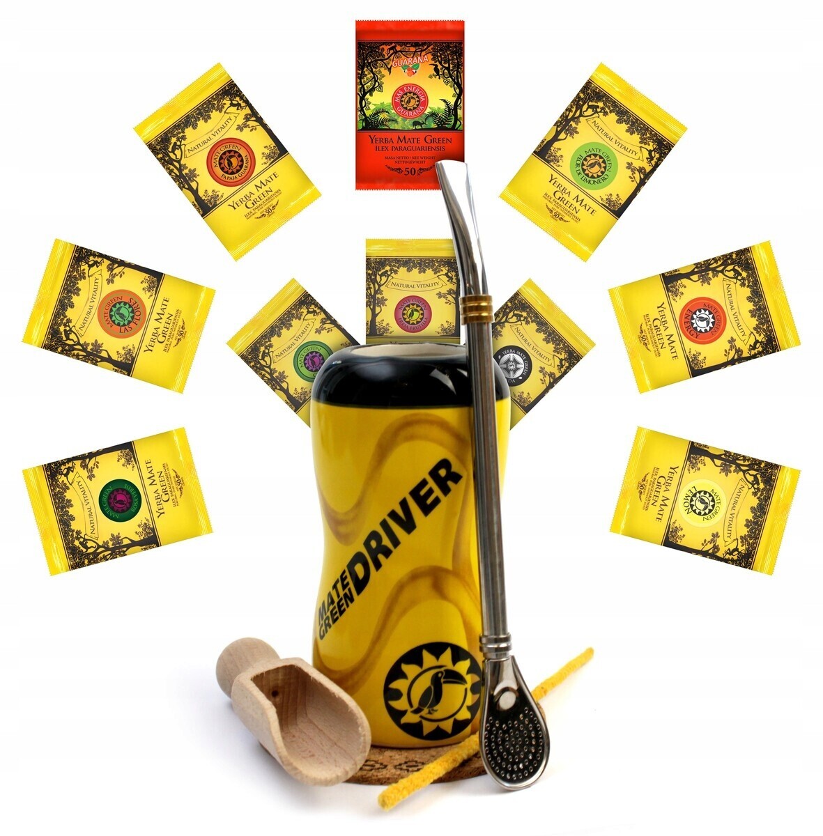 Velký startovací sada yerba 500 g matero Drive Yerba Mate Green 10 x 50 g