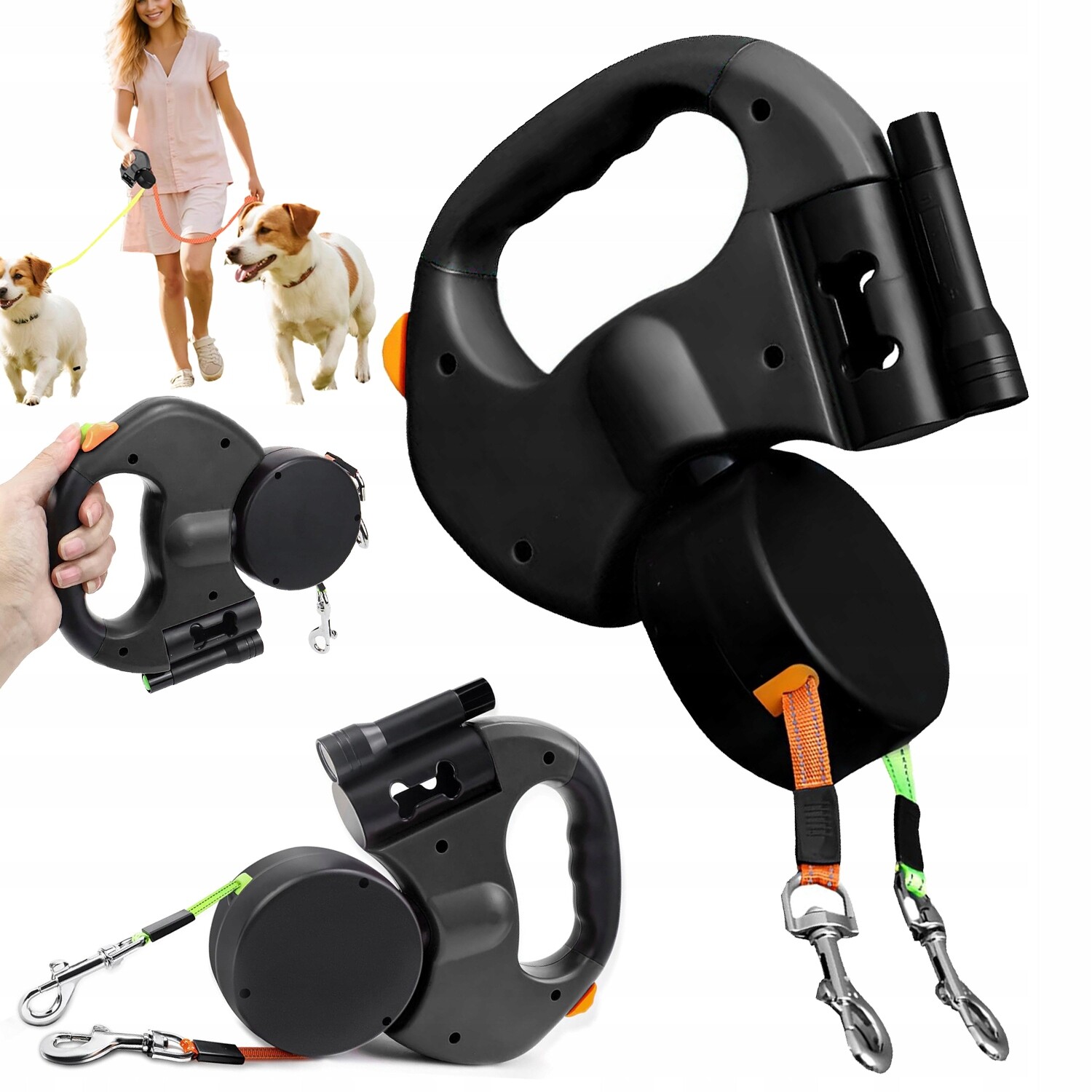 Vodítko Pro Psa Dvojité Automatické, Vodítko Pro Dva 2 Psy S Led Svítilnou