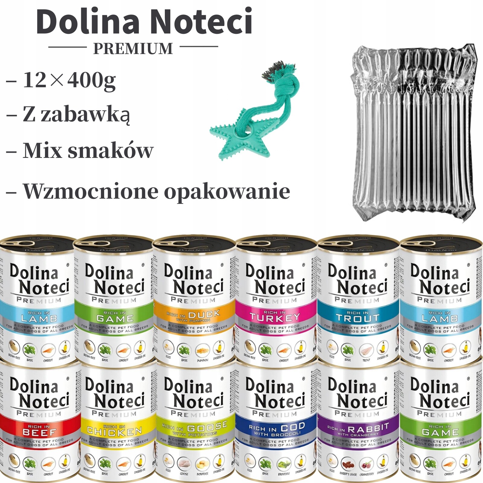 Dolina Noteci Premium 12×400g pro psa – 10 příchutí, s hračka, silné balení