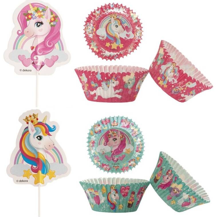Sada košíčků a zápichů jednorožec - 24ks košíčků + 24 ks zápichů - Dekora