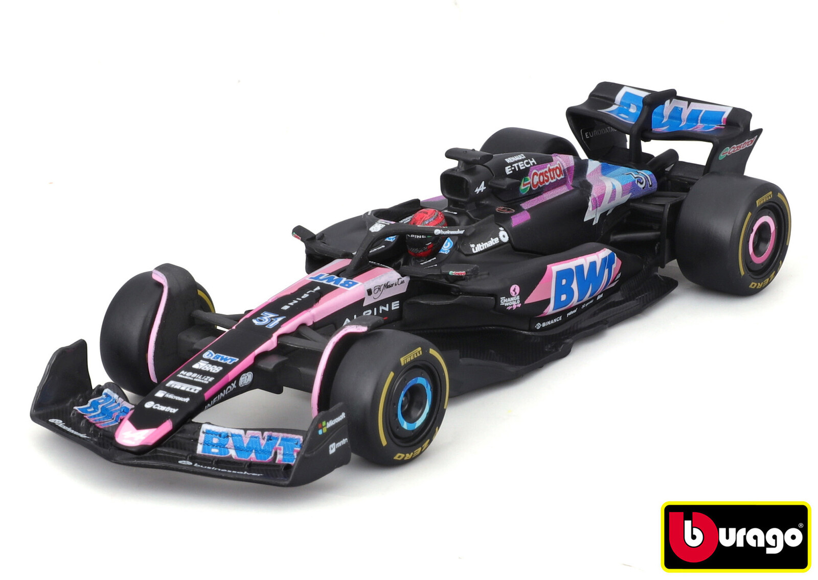 Bburago 1:43 RACE Formula F1 - BWT Alpine F1 Team A524 (2024) #31 (Esteban Ocon) - with driver and d