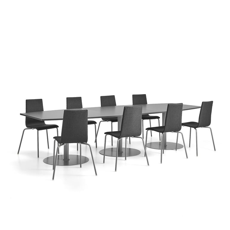 Sestava nábytku FLEXUS + MELVILLE, 1 stůl a 8 šedých židlí