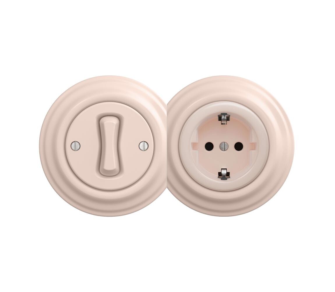 lap - Retro jednopól vypínač č. 1 a zásuvka SCHUKO 230V s rámečkem starorůž 2xKA0120+KA0113+KA0143