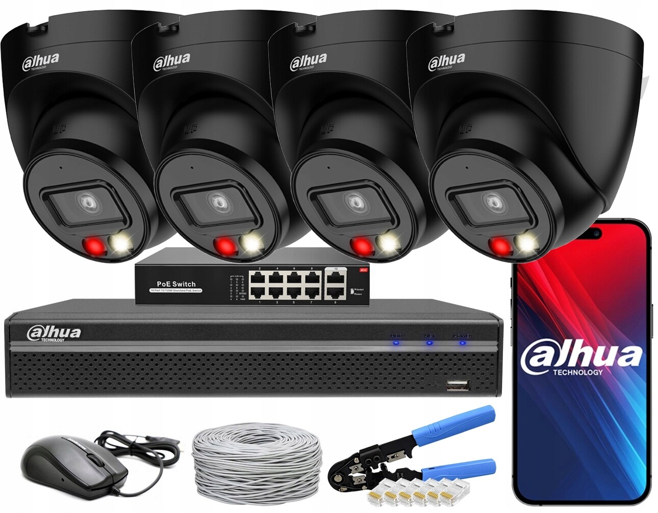 Ip monitorovací sada Dahua 4 kamery 4Mpx IPC-HDW1439V-A-IL-0280B Black PoE