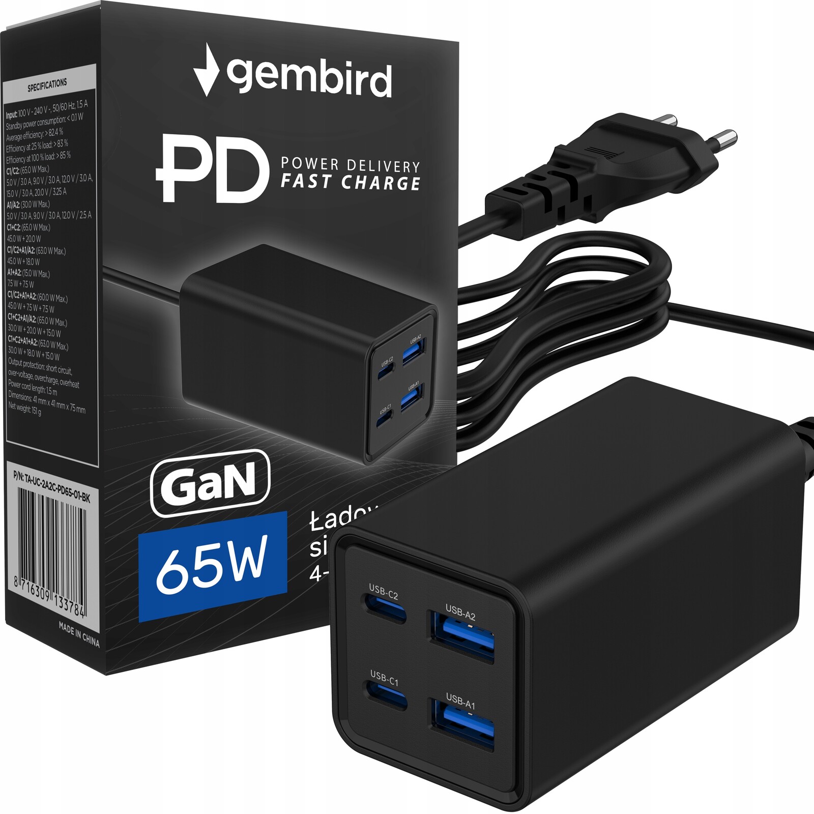 Rychlá nabíječka Usb-c 65W GaN PowerDelivery QC3.0 pro notebook a telefon 1,5 m