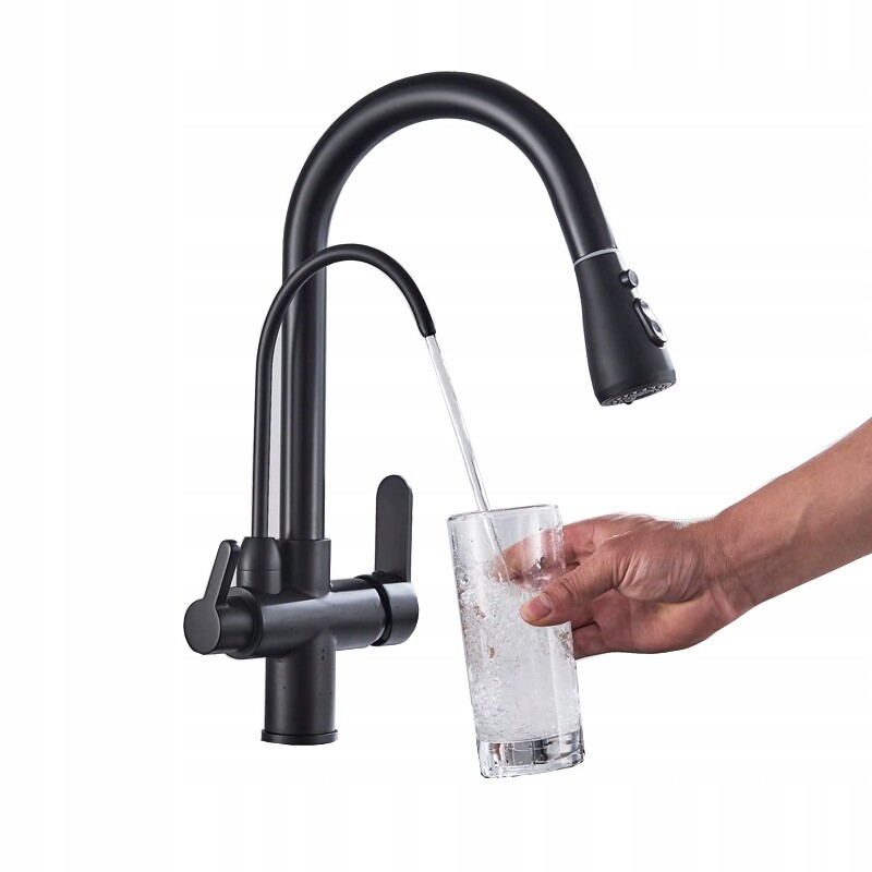 Třícestná černá baterie pro filtr mosazný výtok