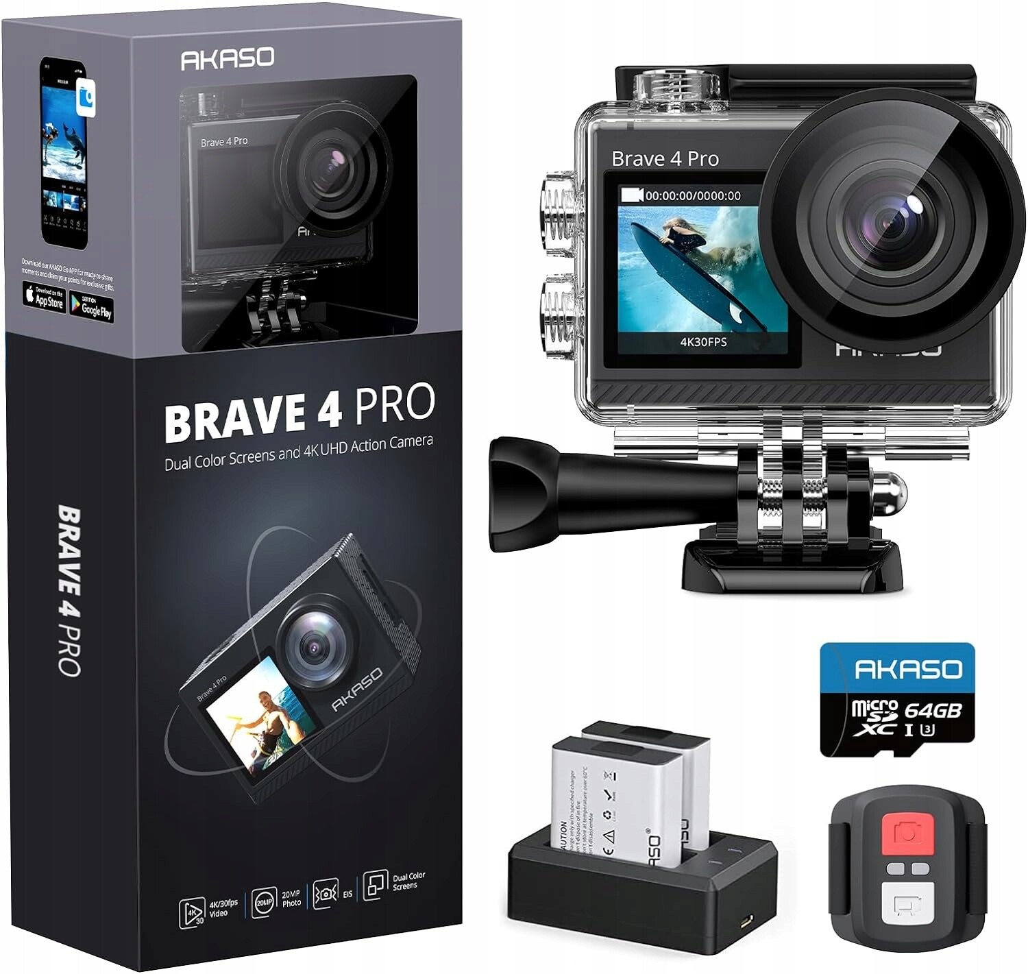Set Akaso Brave 4 Pro Sportovní kamera 4K 20MP Karta 64GB Dálkové ovládání Eis 2xbat