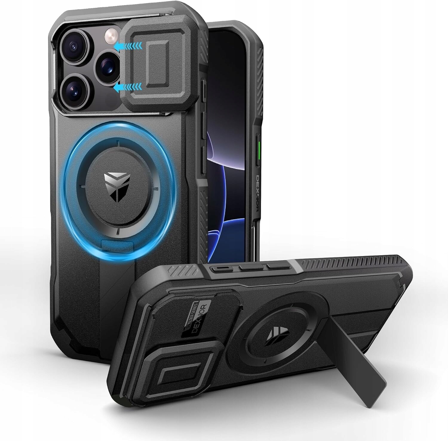 Dexnor pancéřové pouzdro 360 pro iPhone 15 Pro Max, kryt fotoaparátu, stojan, černý