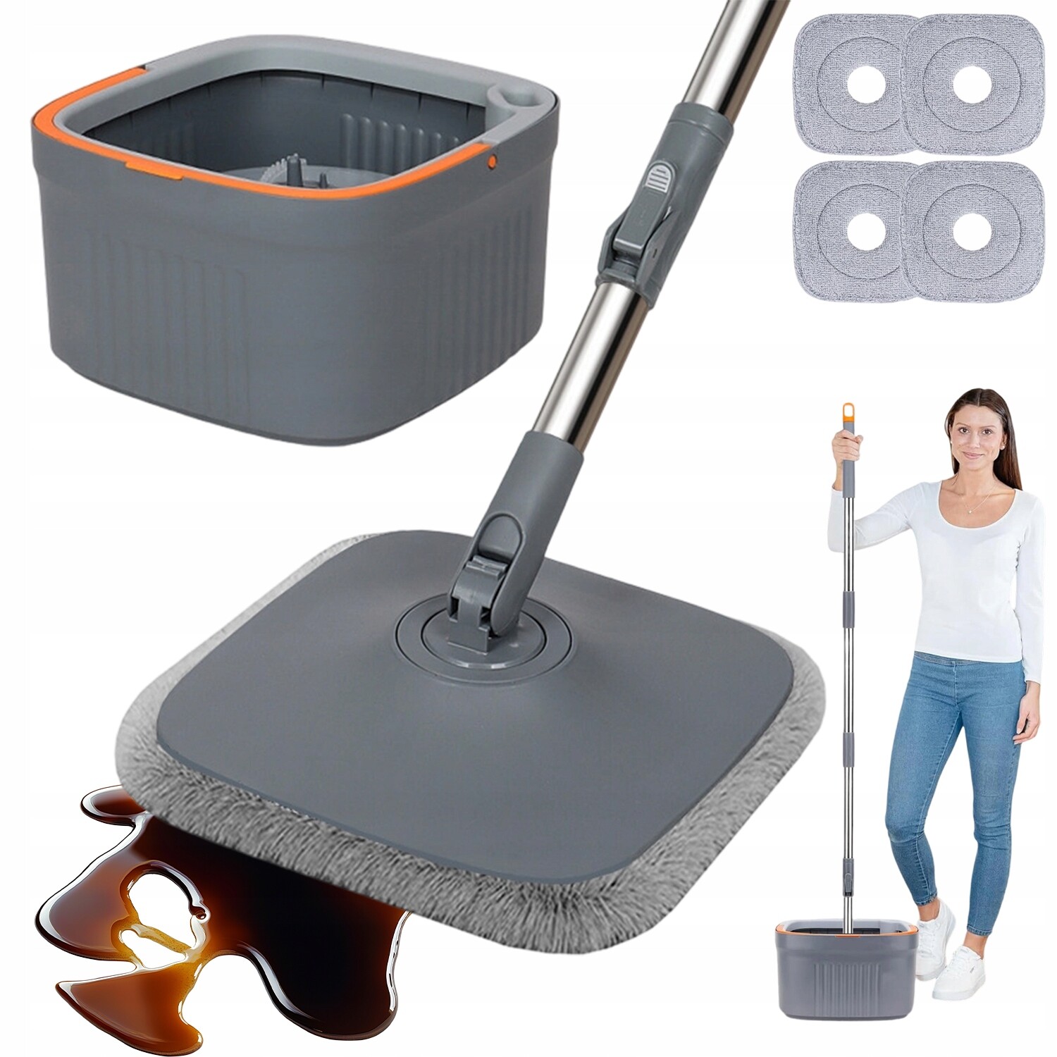 Rotační Mop S Dvoukomorovým Kbelíkem, Automatické Odkapávání, 4 Náplně