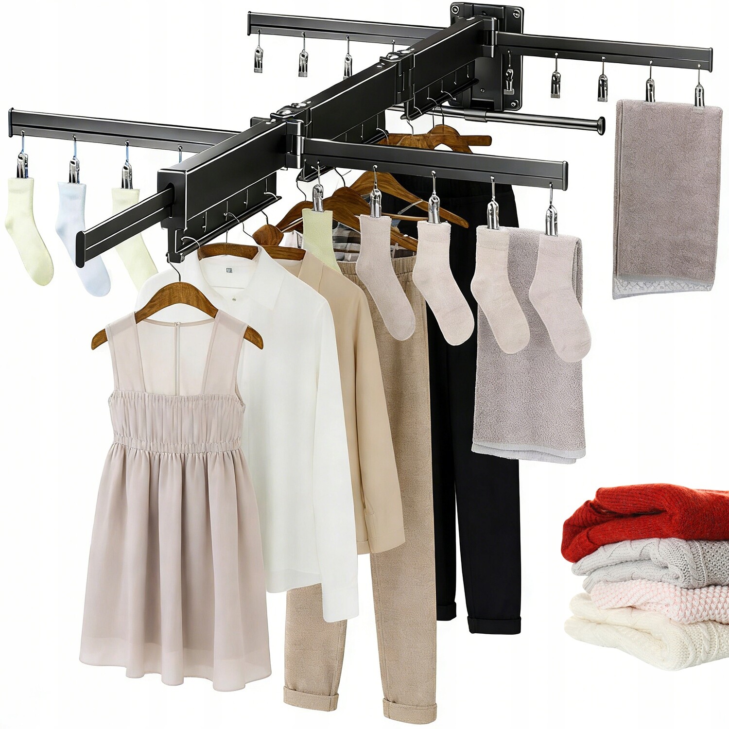 Univerzální Koupelnový Věšák, Rozkládací, Pro Montáž Na Dlaždice, Černý