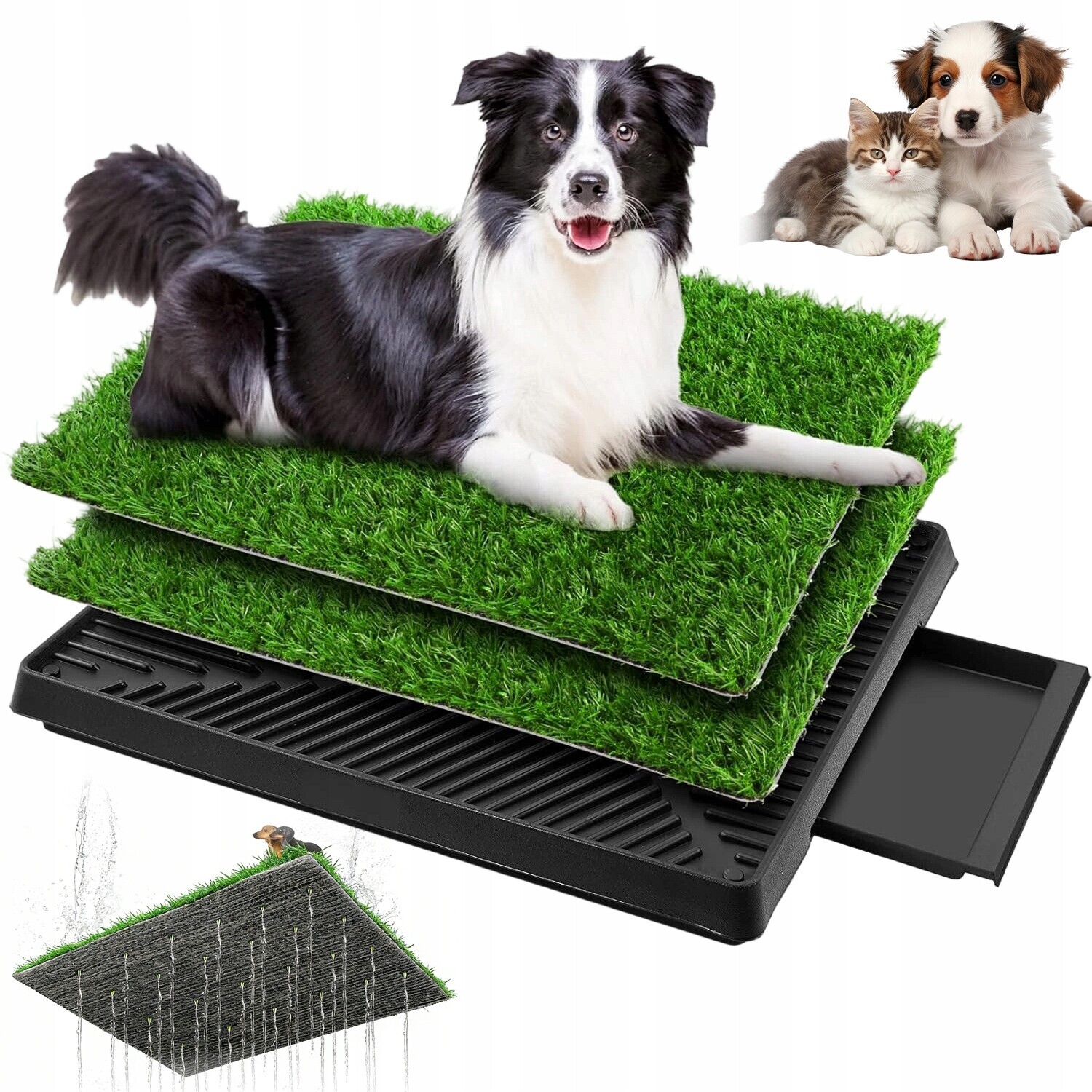 Toaleta Pro Psa 63×50 CM S 2 Kusy Umělé Trávy, Výsuvný Tác