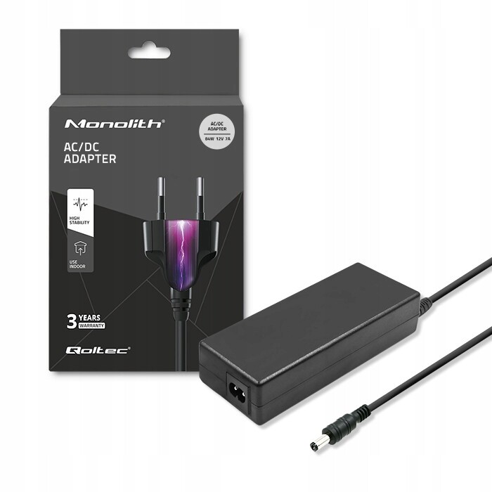 Desktopový napájecí zdroj Qoltec 84W 12V 7A s kabelem, záruka 24 měsíců