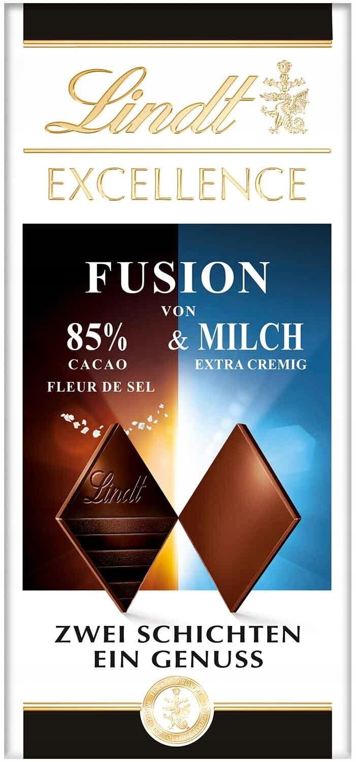 Lindt Excellence Fusion 85 % hořká se solí a mléčná čokoláda 100 g