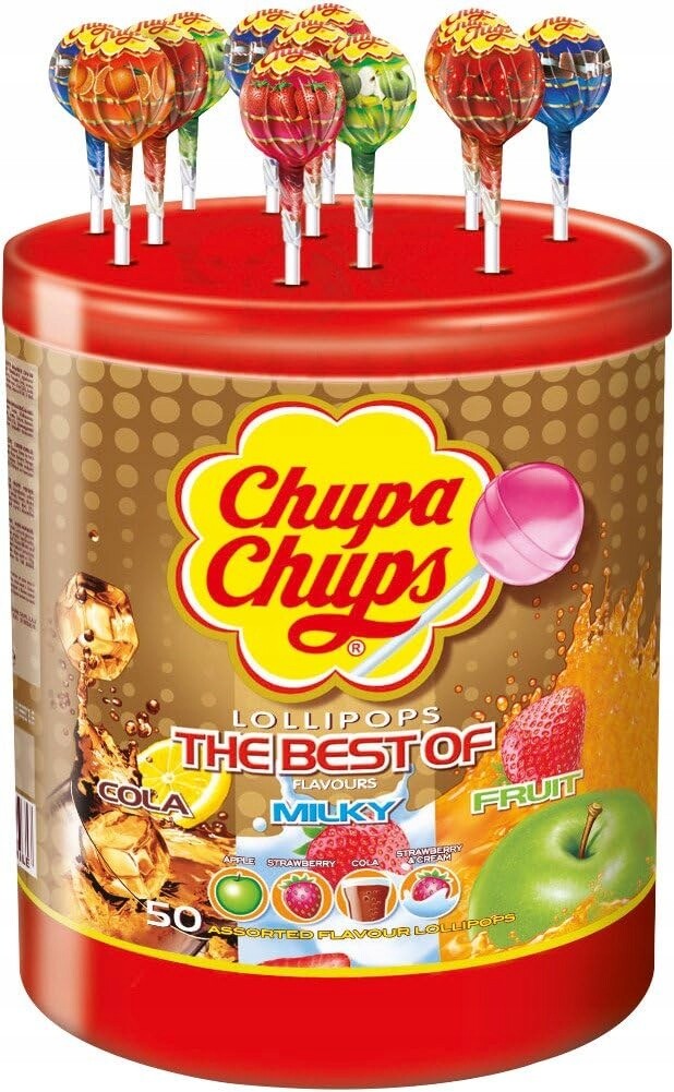 Chupa Chups lízátka ovocná, mléčná a cola MIX 50 Kusů stojan krabička