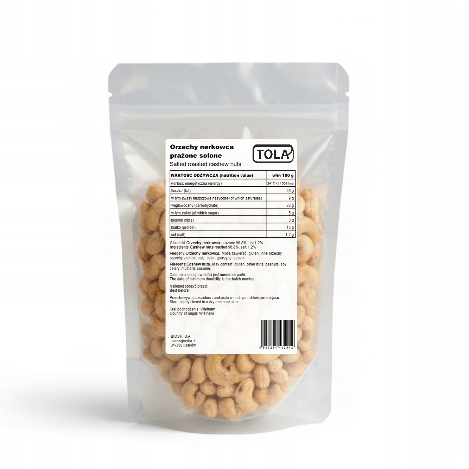 Kešu ořechy pražené solené 2 kg – jednoduché složení, vysoká kvalita Tola