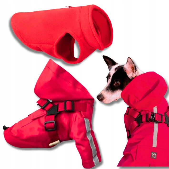Bunda pro psa 2v1 s ramenními popruhy fleecová vesta červená Set L