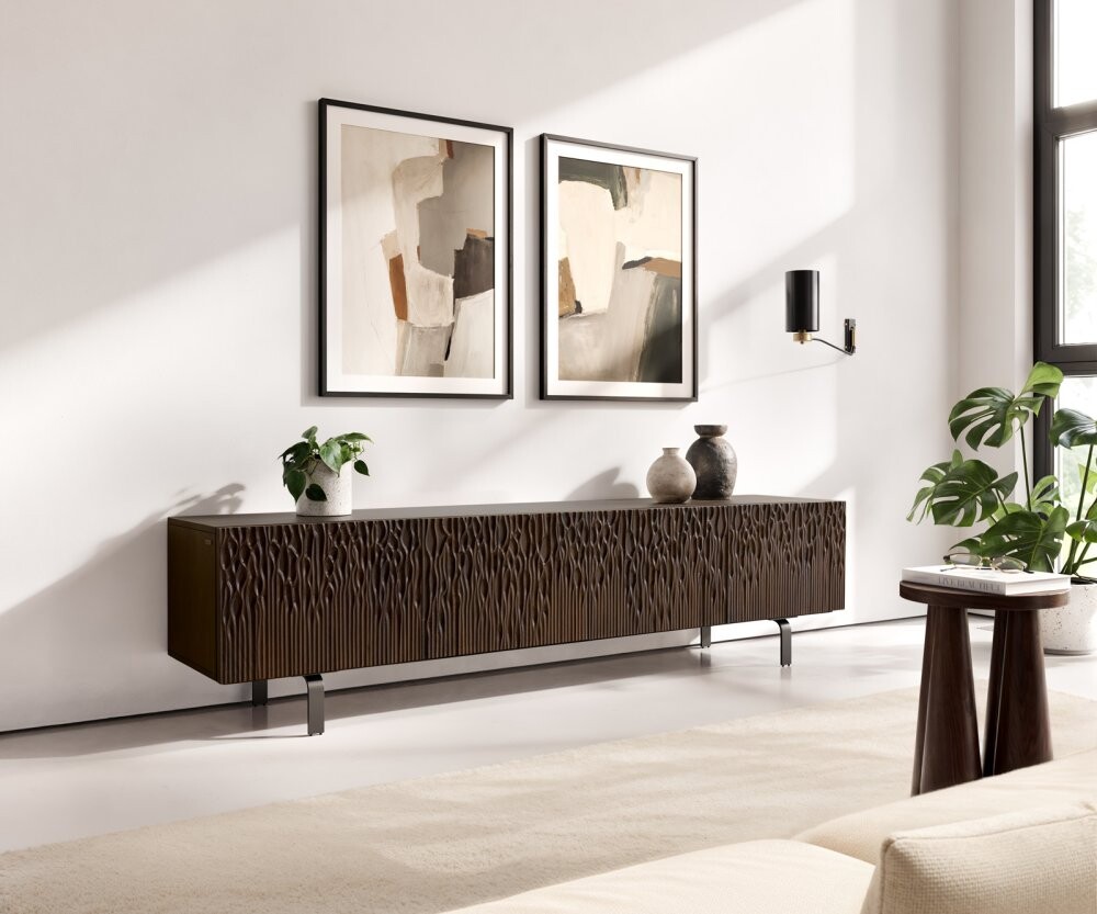 TV stolek Follia 200 cm mango hnědá 4 dvířka podnož ve tvaru L kov