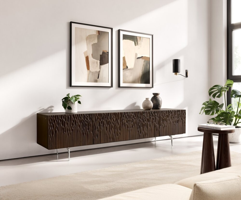 TV stolek Follia 200 cm mango hnědá 4 dvířka rohová podnož nerezová