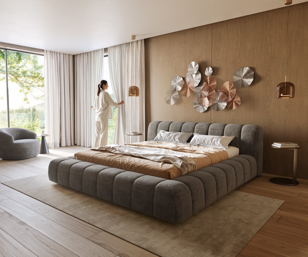 Čalouněná postel Cutio 180x200 cm bouclé měkký tmavě béžová