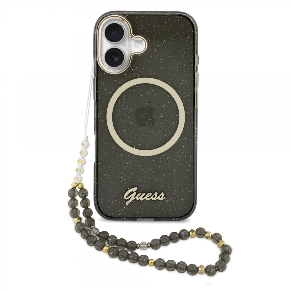 Zadní kryt Guess IML Glitter Script Strap MagSafe pro iPhone 17 Black
