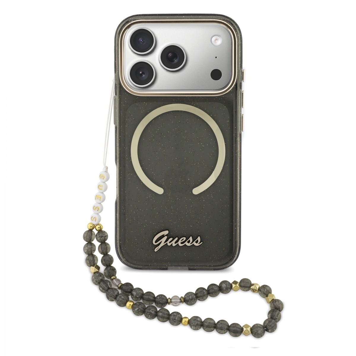 Zadní kryt Guess IML Glitter Script Strap MagSafe pro iPhone 17 Pro Black
