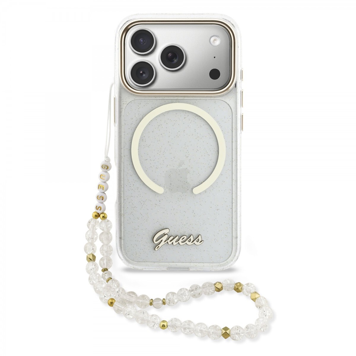 Zadní kryt Guess IML Glitter Script Strap MagSafe pro iPhone 17 Pro Max Transparent