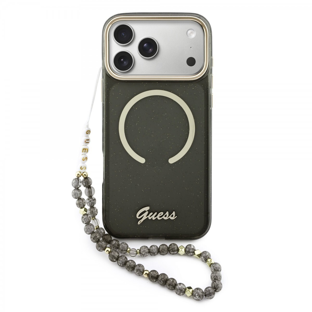 Zadní kryt Guess IML Glitter Script Strap MagSafe pro iPhone 17 Pro Max Black