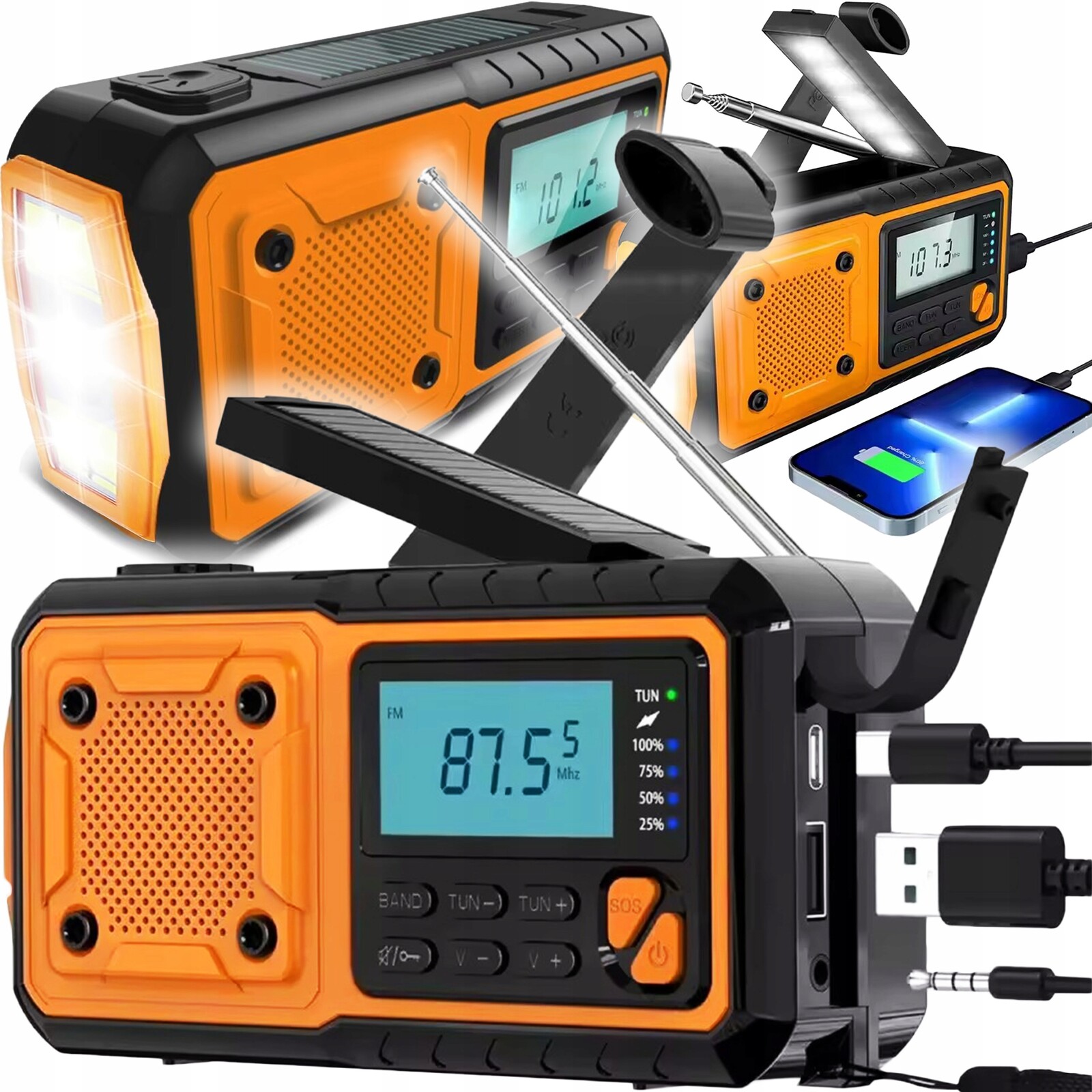 Přenosné Solární Rádio Korbka Alarm Dynamo Nouzová Svítilna 5000 mAh Usb-c