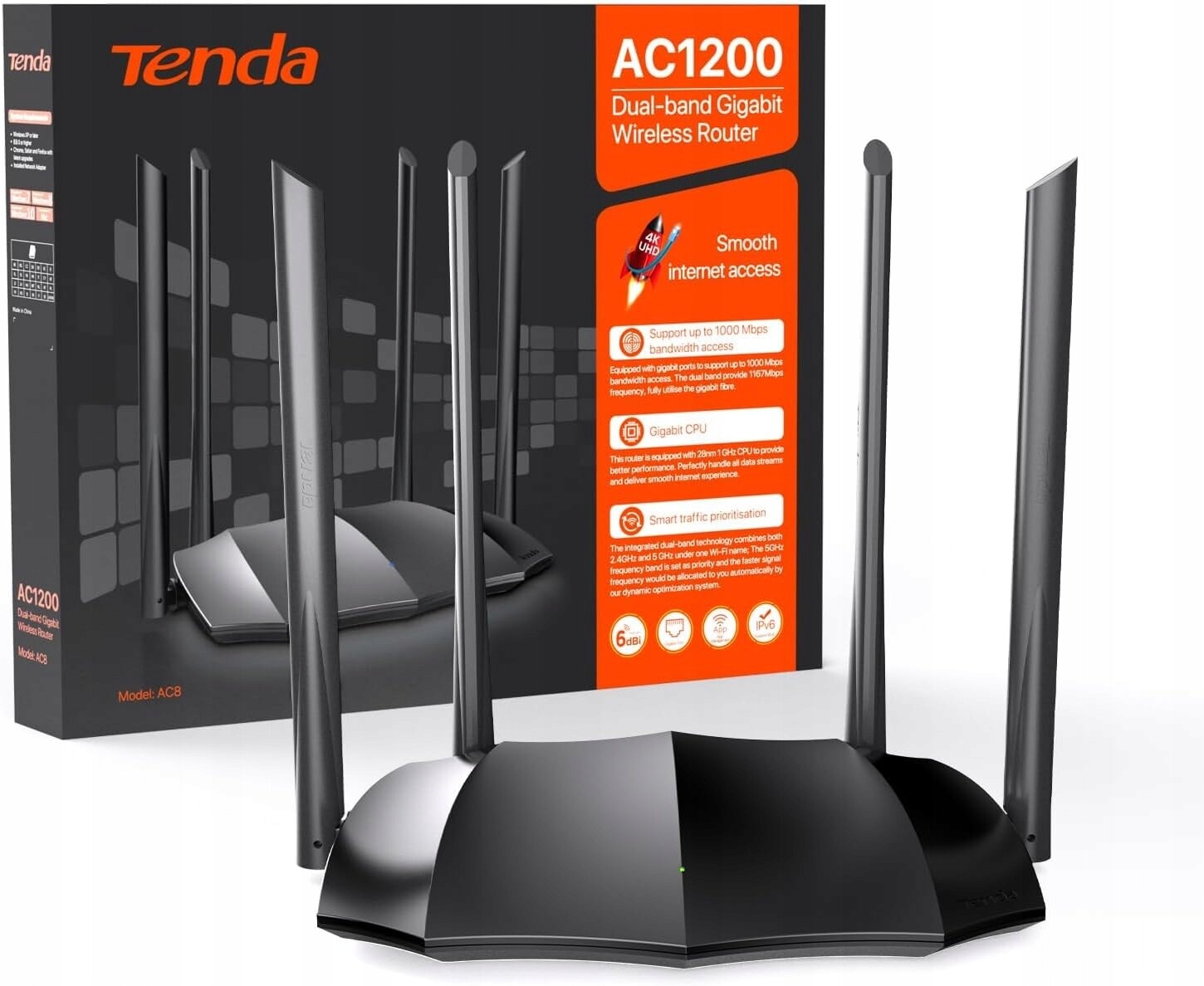 Bezdrátový router Tenda AC8 AC1200 Dvoupásmový Gigabit Mu-mimo 4 Antény
