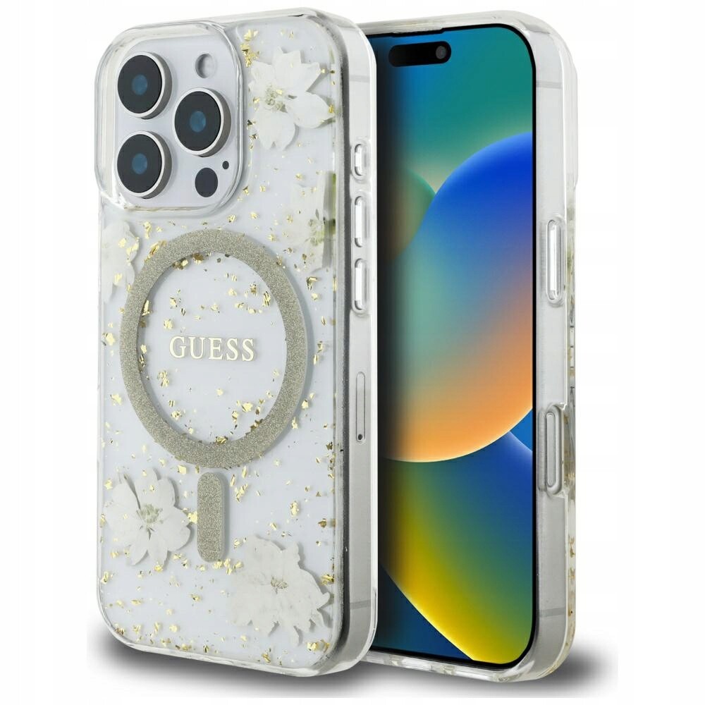 Pouzdro Guess Resin Flowers Glitter MagSafe pro iPhone 16 Pro béžové