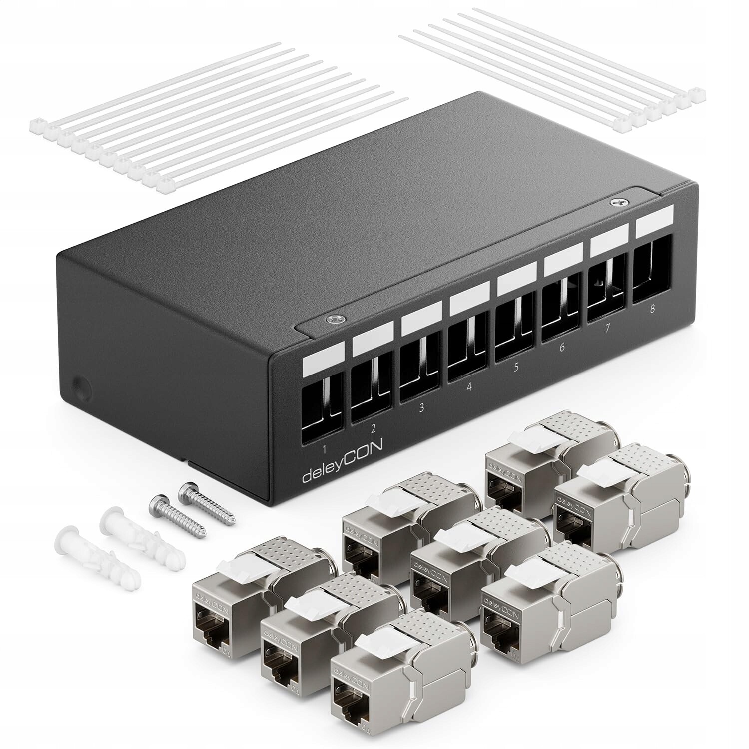 deleyCON Patch panel 8 portů RJ45 Cat 6a 1U 10Gbit/s 500MHz Černý