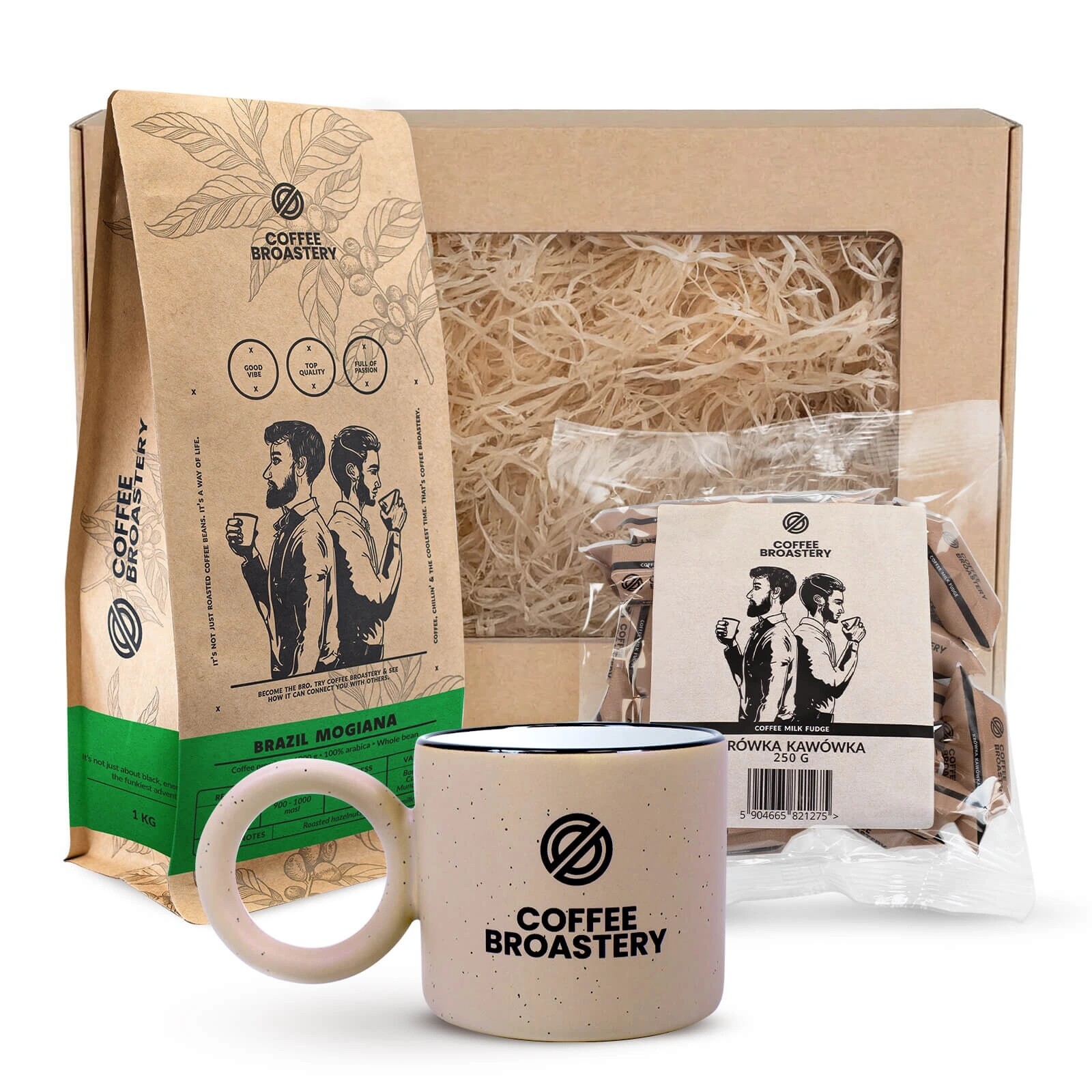 Dárková sada Coffee Broastery Káva Brazil Mogiana 1 kg Bonbóny Krówki Hrnek