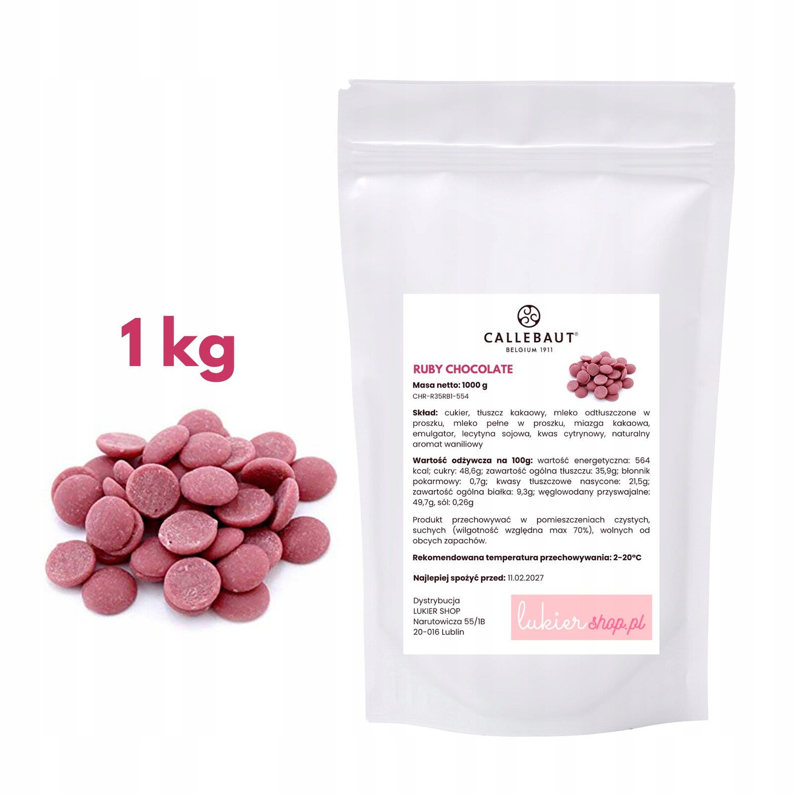 Čokoláda s příchutí růžové tyčinky Callebaut Ruby rubínová 1000 g 1 kg
