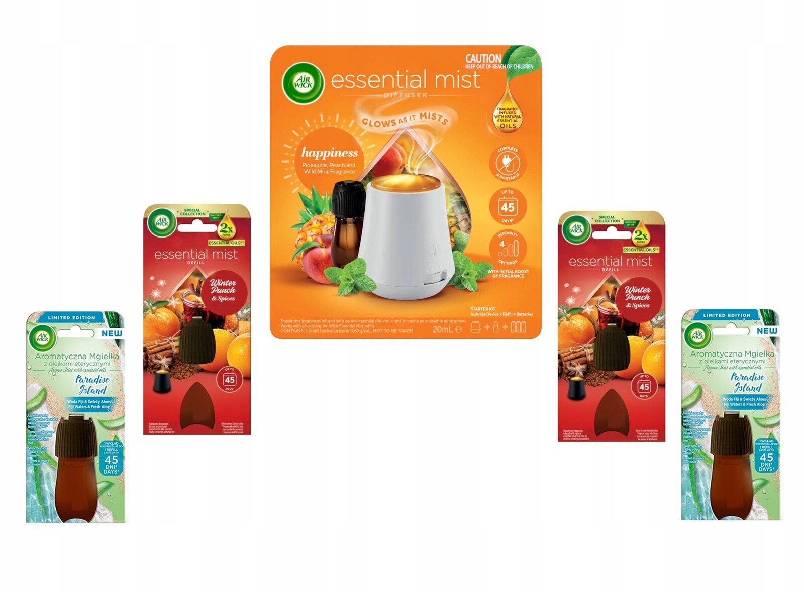 Air Wick Difuzér Happines 2 náplně Winter Punch a 2 náplně Uklidňující Aloe