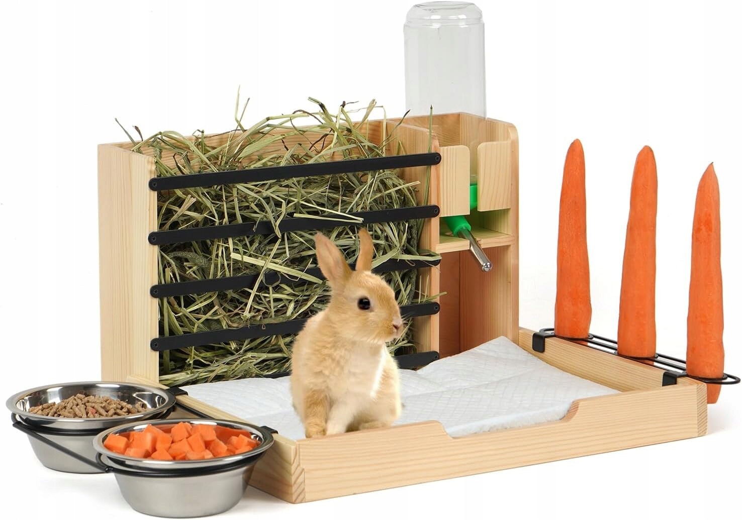 Pašík pro králíka dřevěný 5v1 napáječka misky rukojeť mrkev podklady