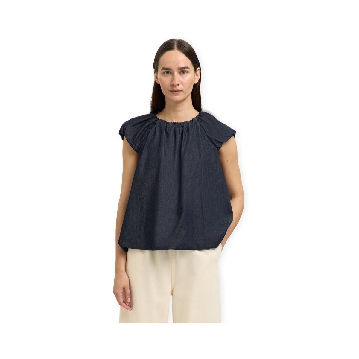 Selected  W Frillo Top - Dark Blue Denim  Modrá