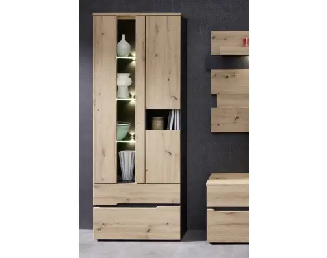 Vysoká vitrína s osvětlením Memphis, dub artisan/grafit