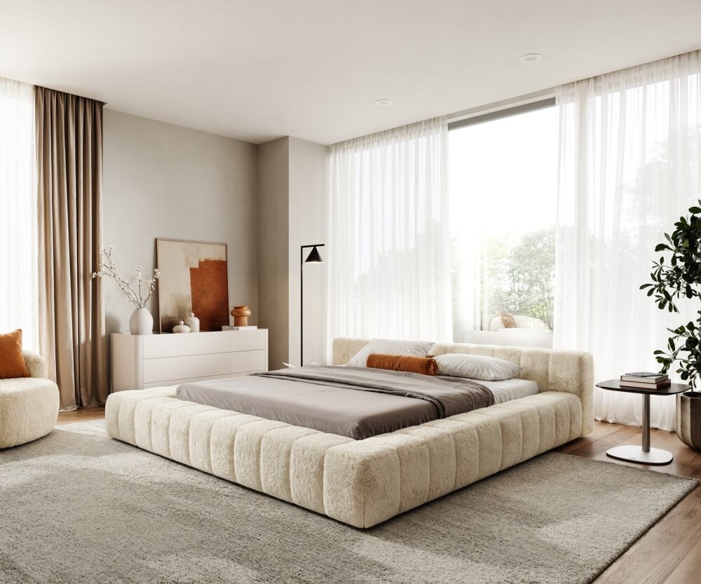 Čalouněná postel Espazio 180x200 cm plyšový manšestr krémová bílá