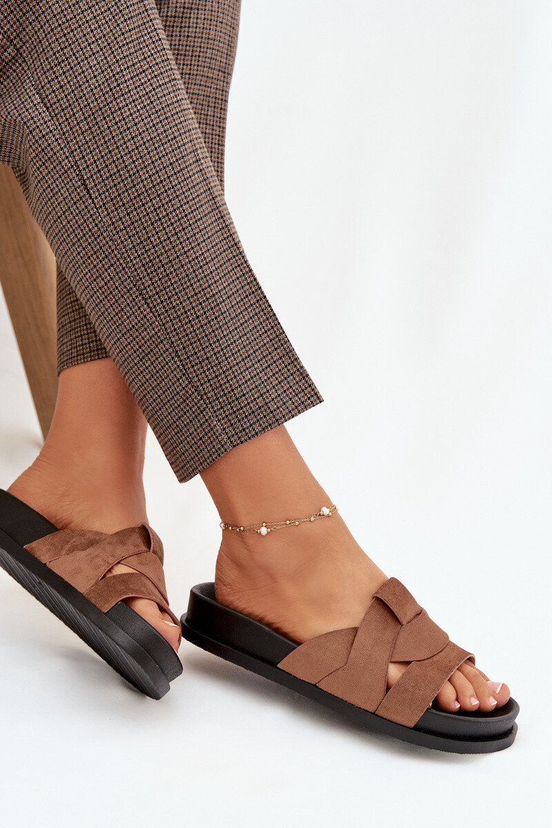 Dámské eco semišové pantofle s řemínky hnědé