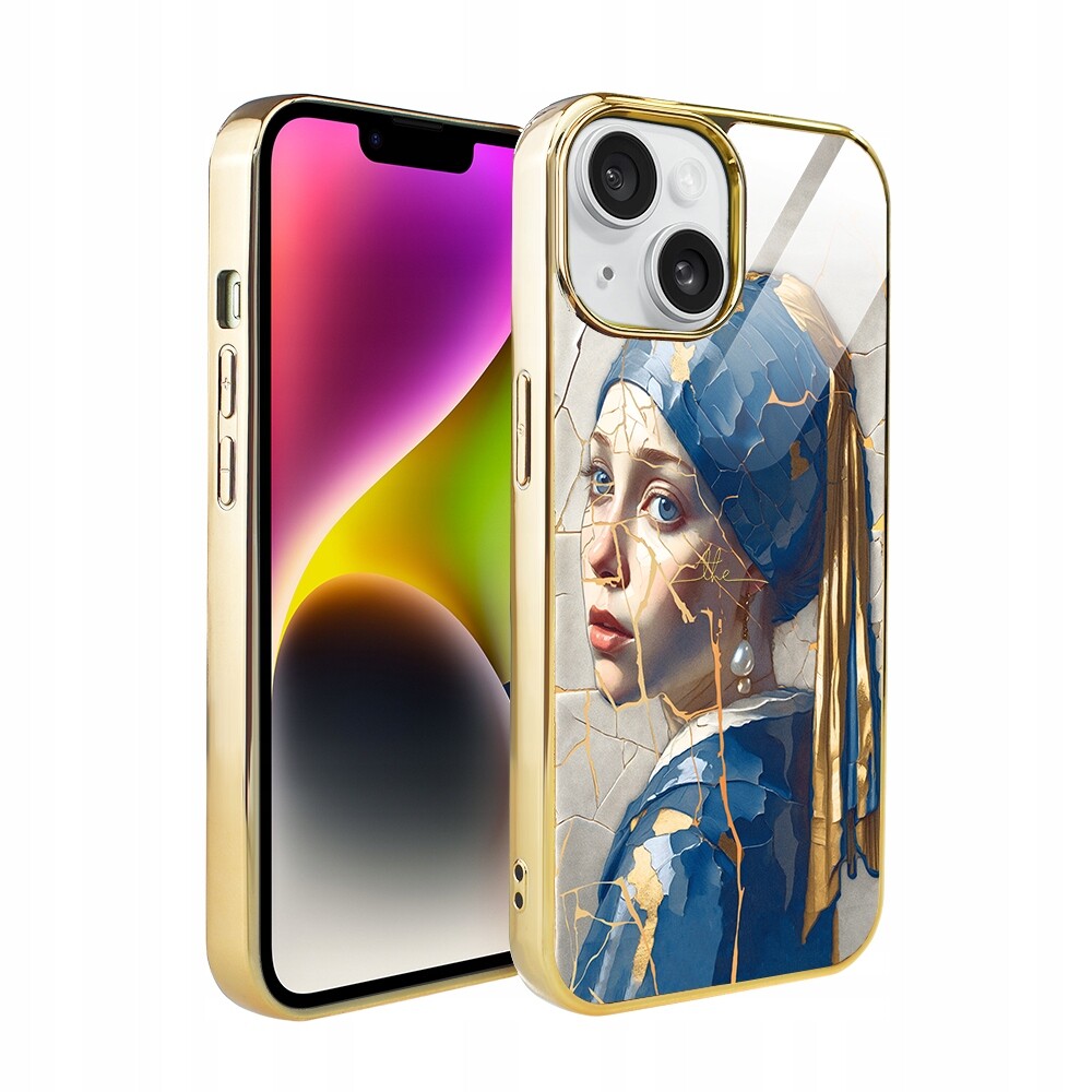 Pouzdro pro iPhone 14 Ibizu Elite Glass, skleněná zadní strana, žena s perlou, zlaté