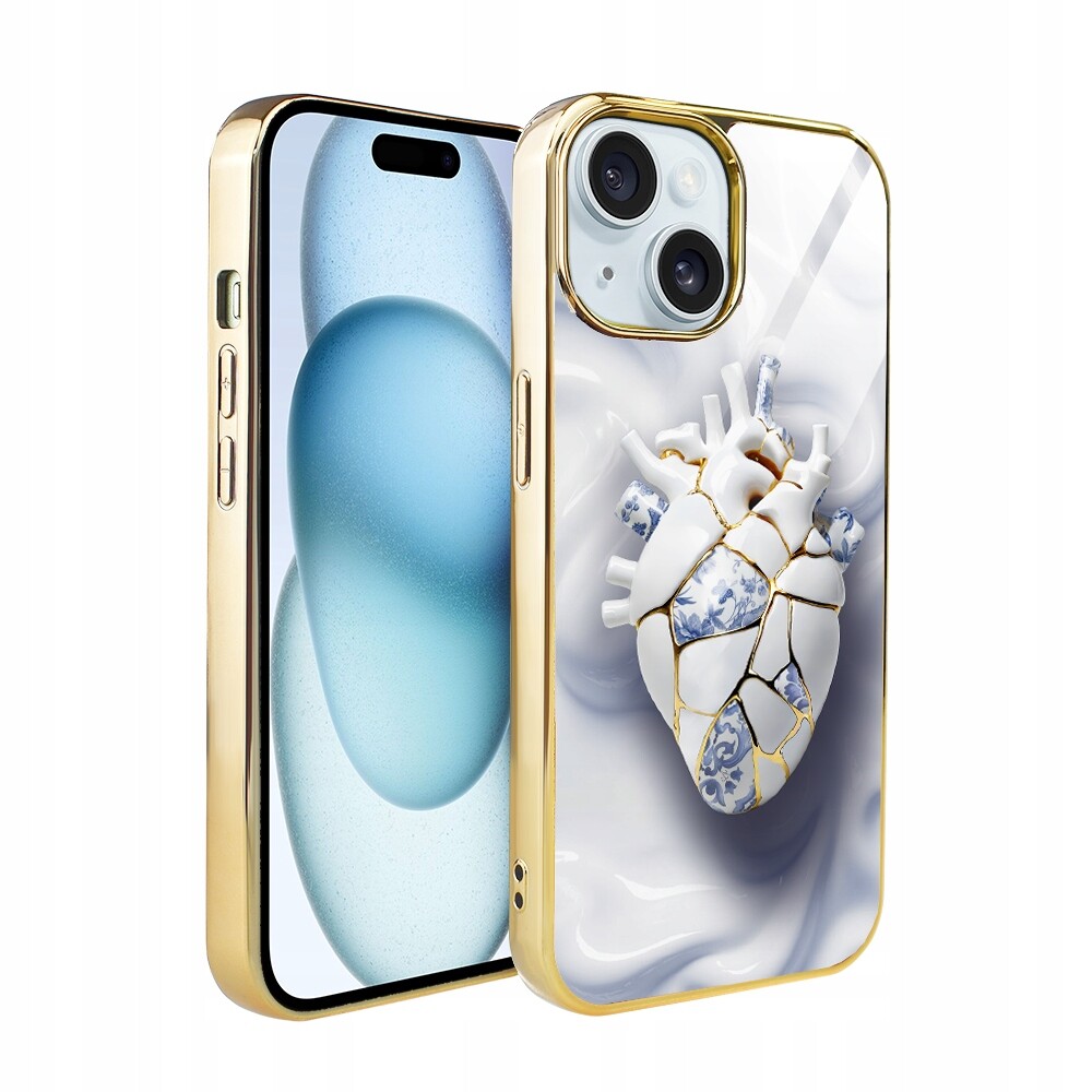 Pouzdro pro iPhone 15 Ibizu Elite Glass, skleněná zadní strana, porcelánové srdce, zlaté