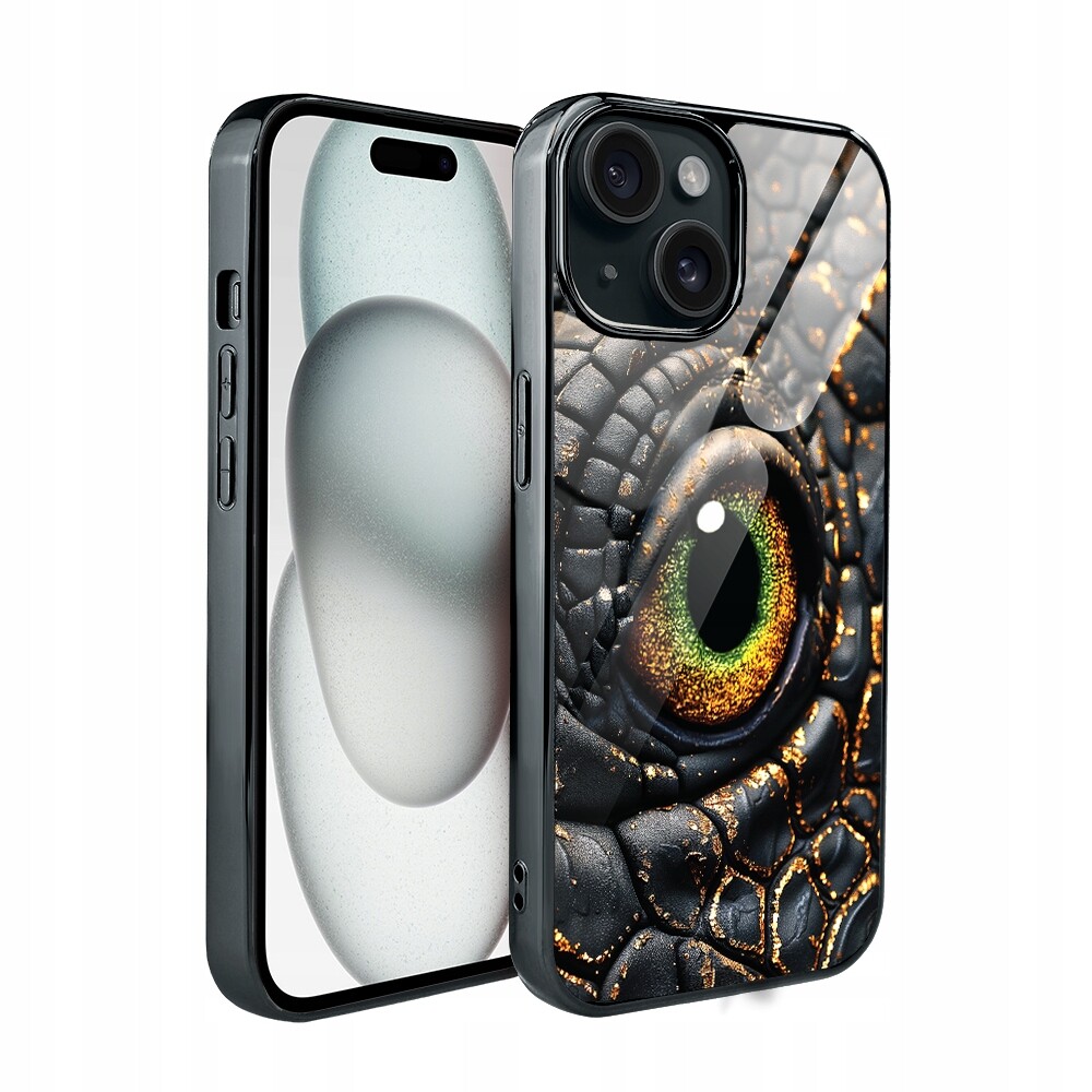Pouzdro pro iPhone 15 Ibizu Elite Glass, skleněná zadní strana, amber dragon, černé