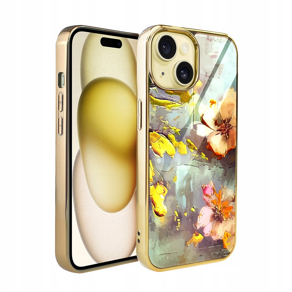 Pouzdro pro iPhone 15 Ibizu Elite Glass, skleněná zadní strana, květiny se zlatem, zlaté