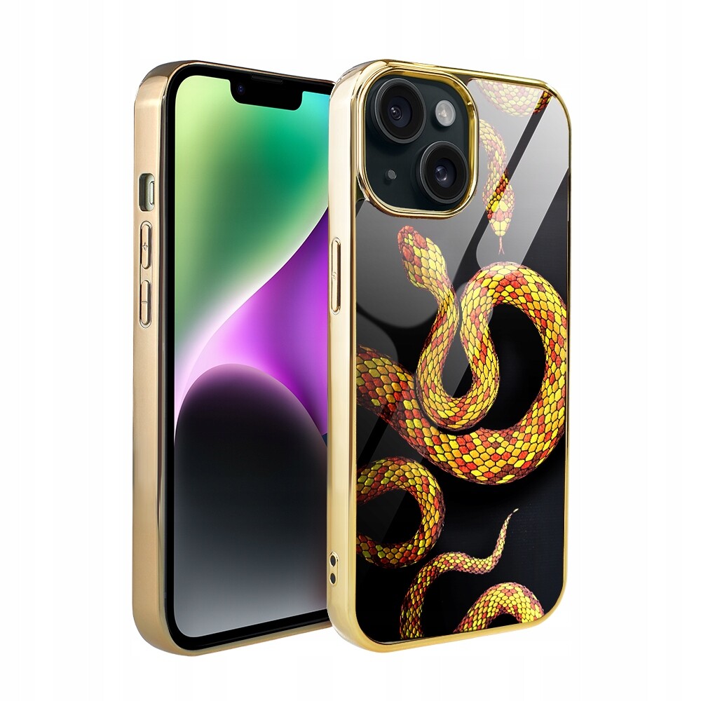 Pouzdro pro iPhone 14 Ibizu Elite Glass, skleněná zadní strana, hadice se zlatem, zlaté