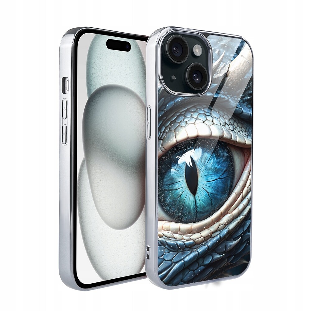 Pouzdro pro iPhone 15, Elite Glass, skleněná zadní strana, oko ledového draka, stříbrné
