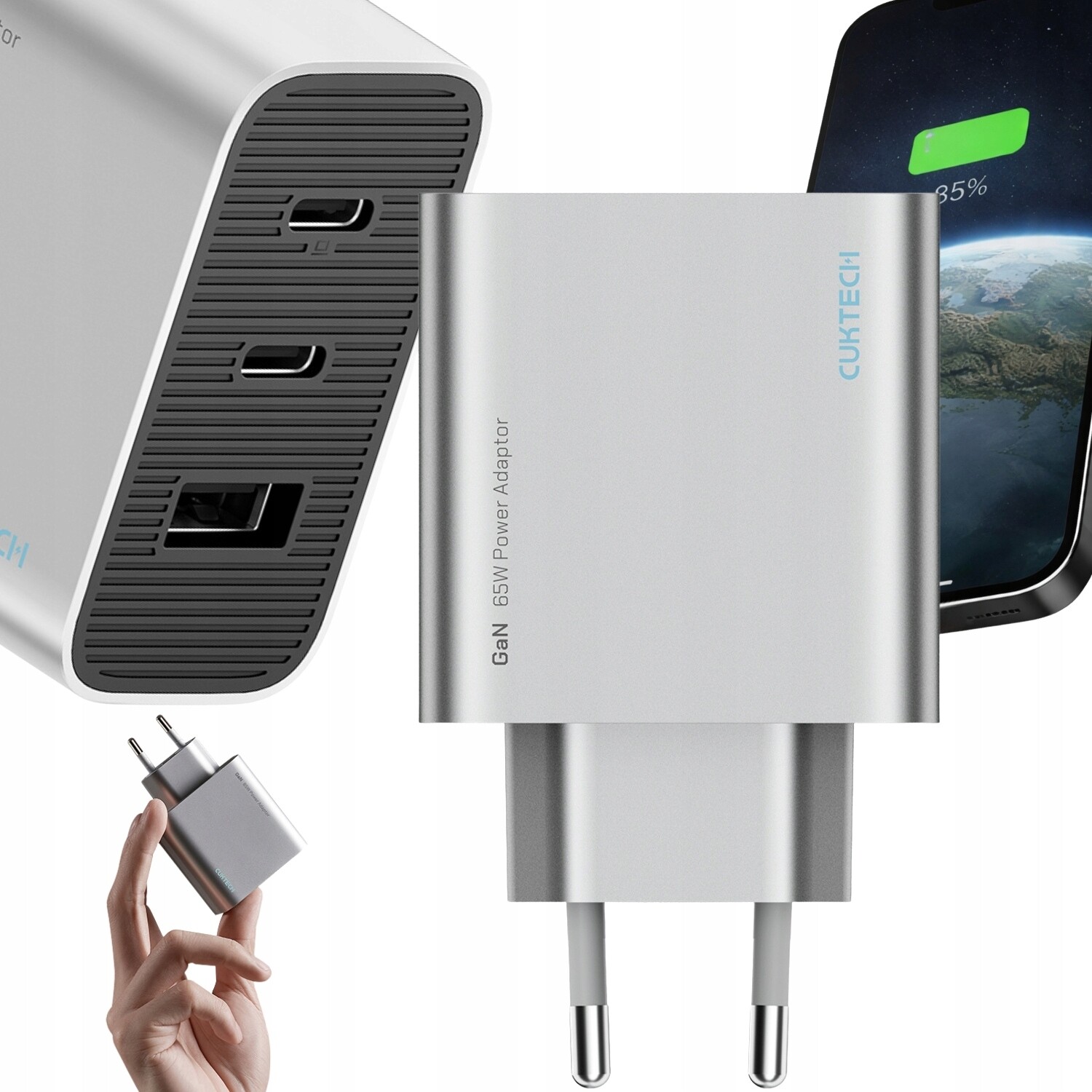 Rychlá Síťová Nabíječka 65W GaN 2xUSB-C 1xUSB-A Silná Kostka Cuktech