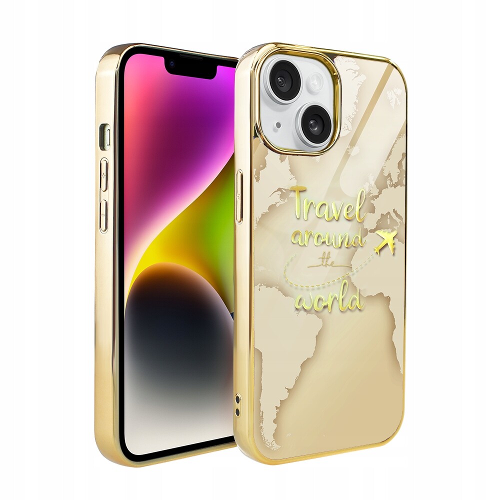 Pouzdro pro iPhone 14 Ibizu Elite Glass 3D, skleněná zadní strana, zlatá mapa světa