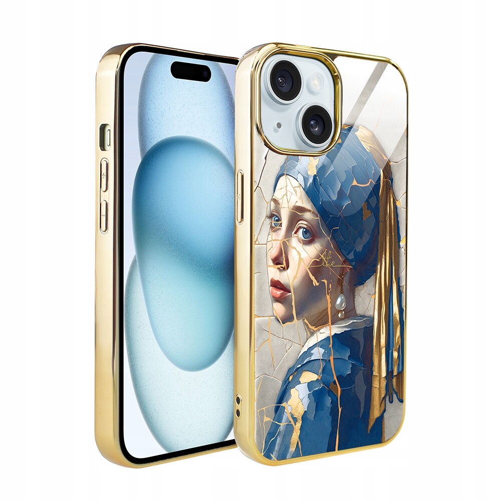 Pouzdro pro iPhone 15 Ibizu Elite Glass, skleněná zadní strana, žena s perlou, zlaté