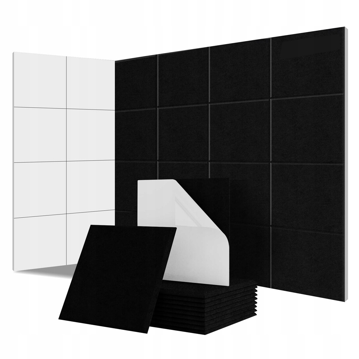 24 x Sada Čtvercových Akustických Panelů Samolepící Černá Plochá