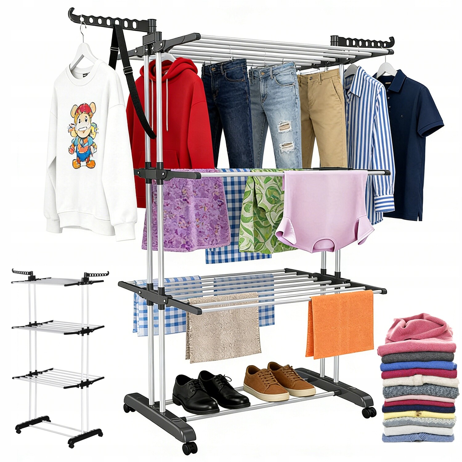 Sušák Na Prádlo 4 Úrovně S Kolečky Pro Praní Ručníků A Bot Hraček